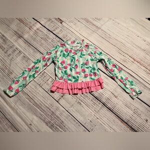 Tommy Bahama girls' pink and green strawberry print swim top. Size 4T